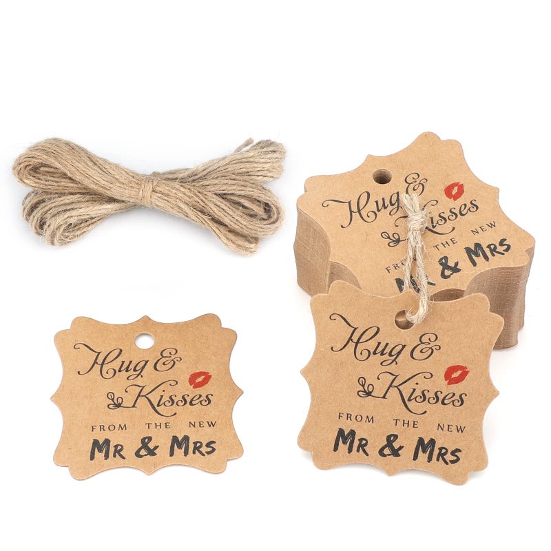 G2PLUS Wedding Favors Tags, 100PCS Hugs and Kisses from The New Mr & Mrs Tags, 2x2 in Kraft Paper Gift Tag with String for Gift Wrapping, Wedding, Bridal Shower, Anniversary Party Favor - Image 1
